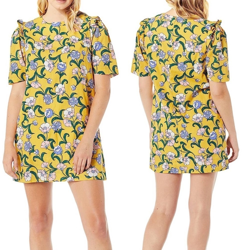 MOON RIVER Women's Short Sleeve Linen Yellow Floral Retro Mini Shift Dress XS